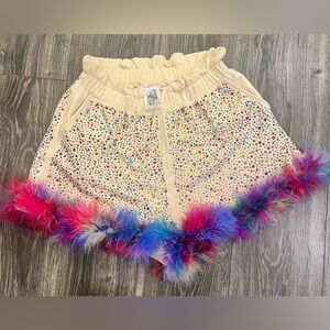 Queen of Sparkles 
Colorful Beaded Shorts with Feather Trim